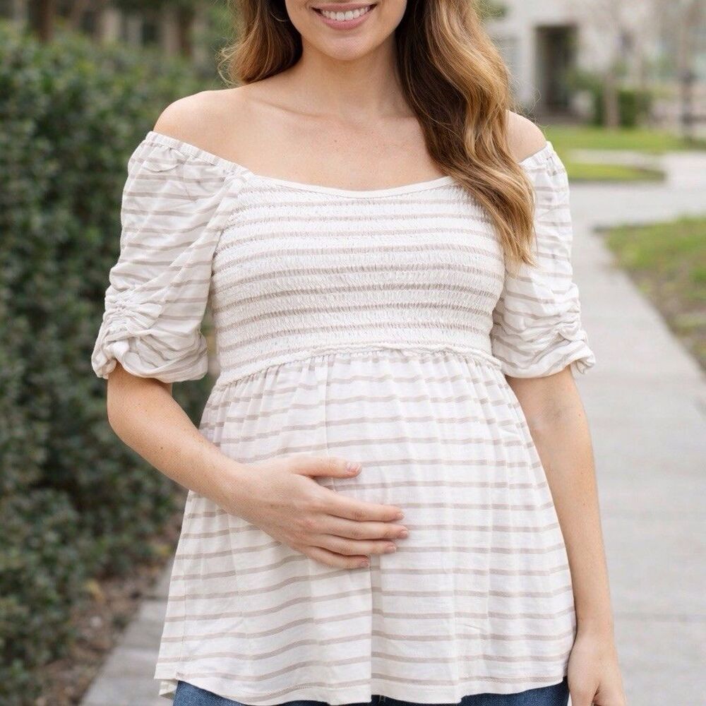 Ingrid & Isabel Maternity Top Size Small Smocked Striped Boho Pregnancy Blouse